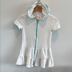 Cat & Jack Girls White Hooded Zip-Up Coverup Zipper Blue Teal Trim Medium 7-8